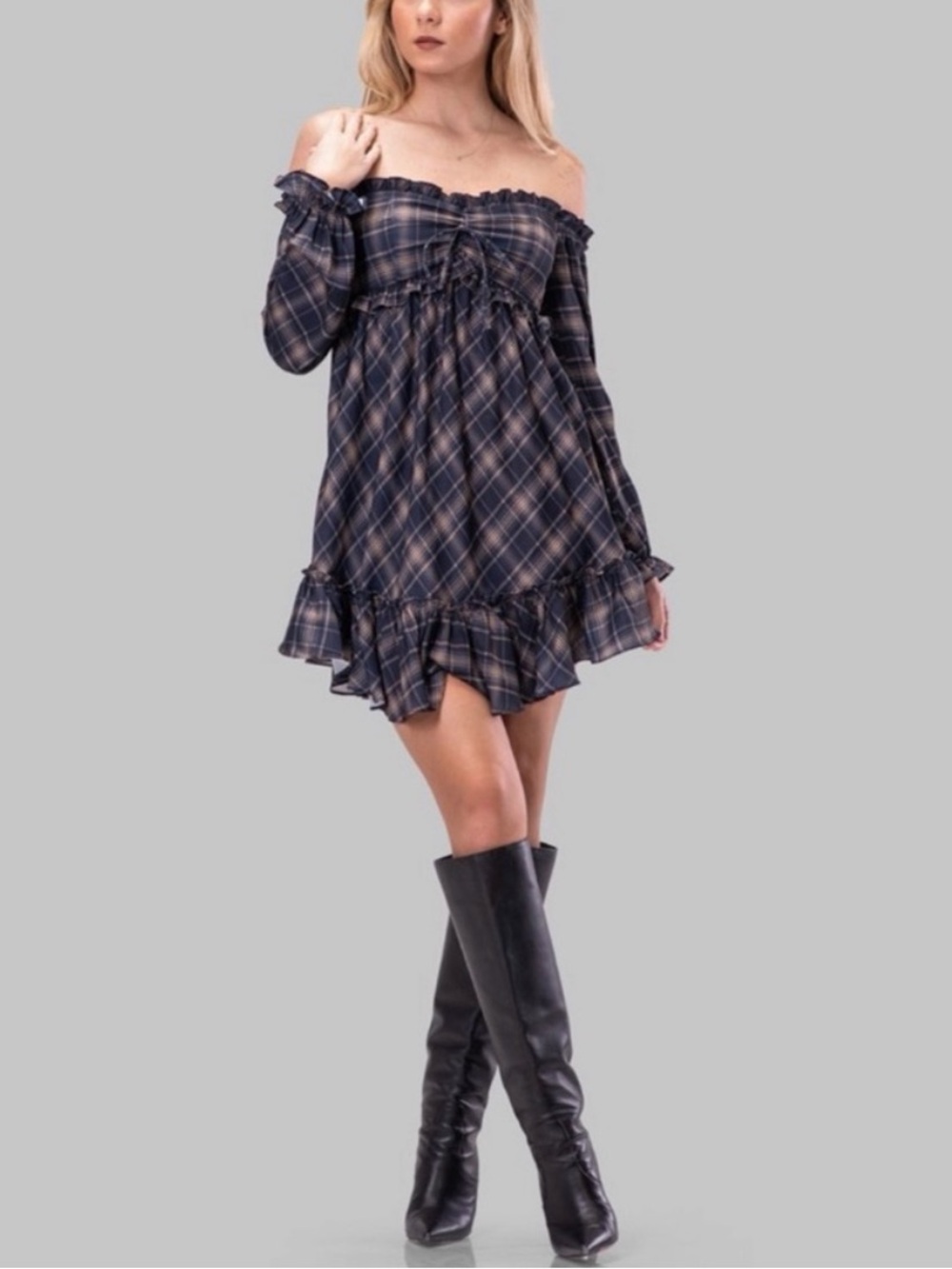 By Egreis Off-Shoulder Plaid Ruffle Mini Dress size Large